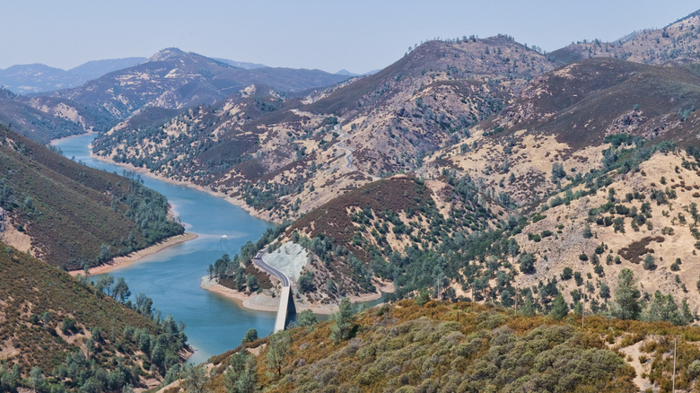 An aerial view of Lake McClure and the surrounding hills