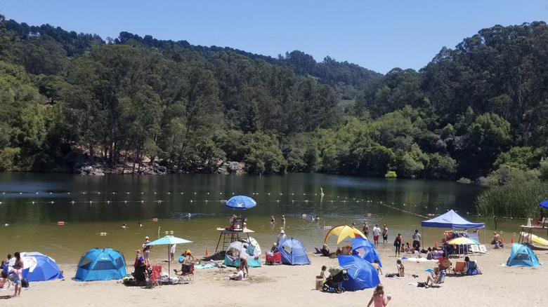 Several people, tents, and beach umbrellas at Lake Anza Beach in Berkeley, California.