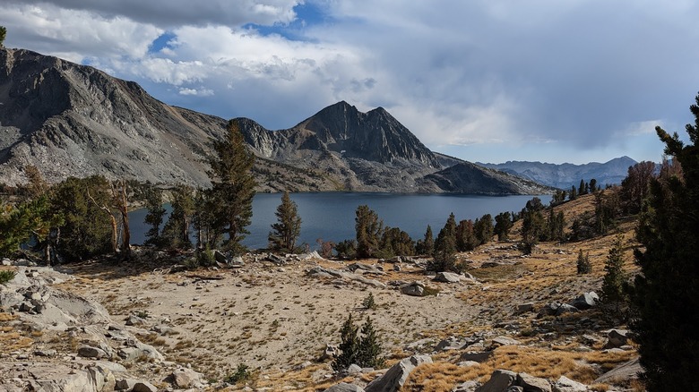 A steel blue Pika Lake with steep rocky mountains in the background and a rockygrassy shoreline with subalpine trees