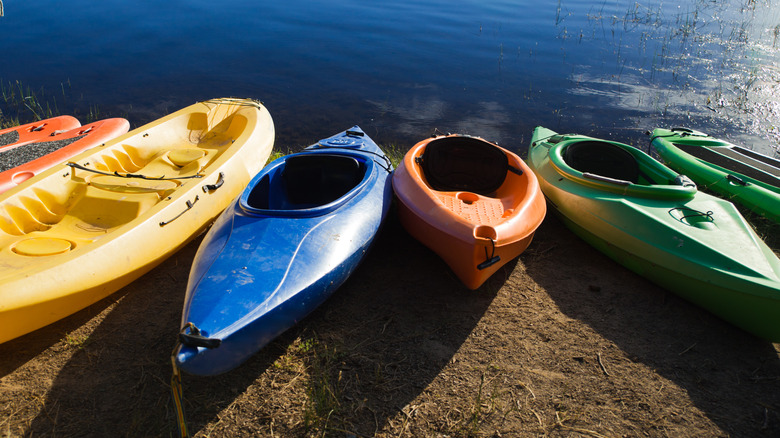 Kayaks on the shore of Stampede Reservoir, California