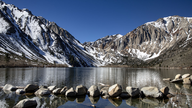 Snow-covered mountains surrounding Convict Lake in California's Eastern Sierra