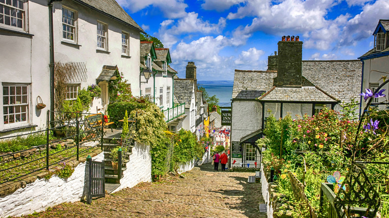 House lined cobblestone streets with the sea in the background