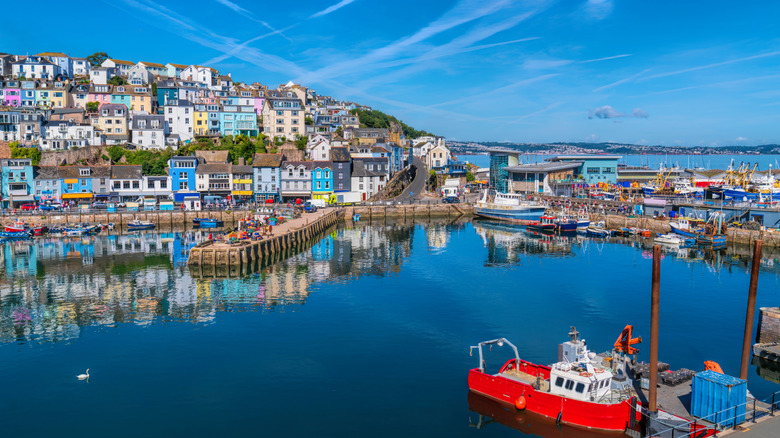 Colorful buildings on a hill as a backdrop to a port with docked boats and clear waters