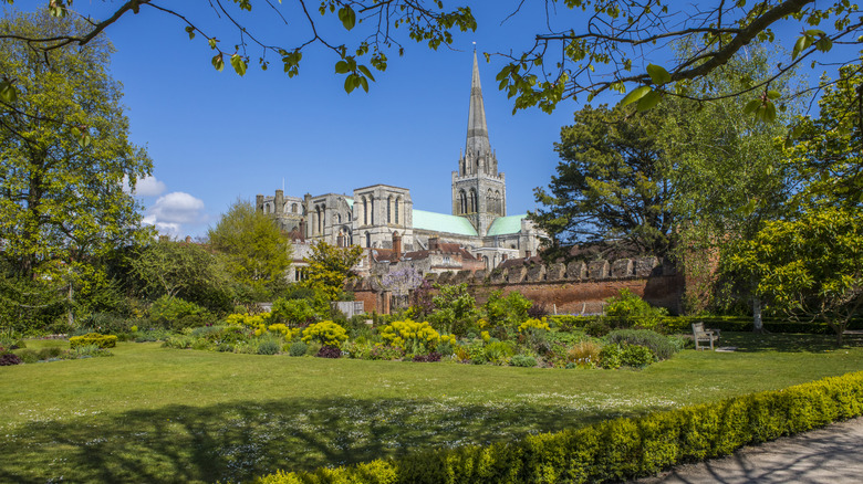 View of Chichester Cathedral from the nearby Bishop Palace Gardens.