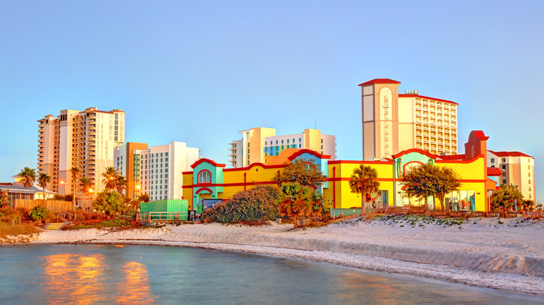 Businesses and condos along Pensacola Beach, Florida, coastline.
