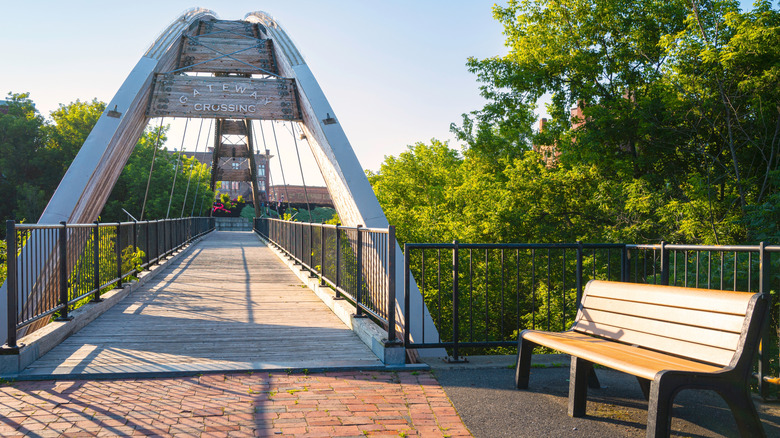 Pedestrian bridge and bench in Aroostook County, Maine
