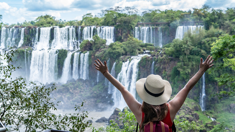 A person wearing a hat, arms raised up, facing Iguazú Falls and posing for a photo