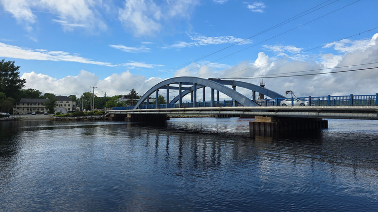 Blue bridge over Mersey river connecting Liverpool to Bristol