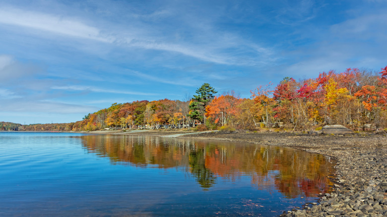 The shore of Lake Wallenpaupack near Hawley in Pennsylvania on a fall day