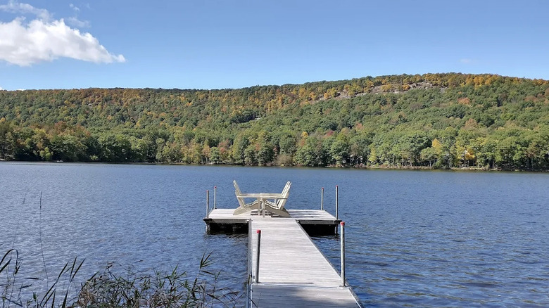 A view from a lake surrounded by lush foliage at Skytop Lodge in Skytop, Pennsylvania
