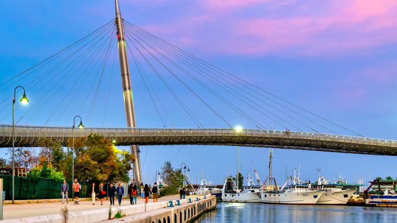The Ponte del Mare pedestrian bridge at sunset in Pescara, Italy