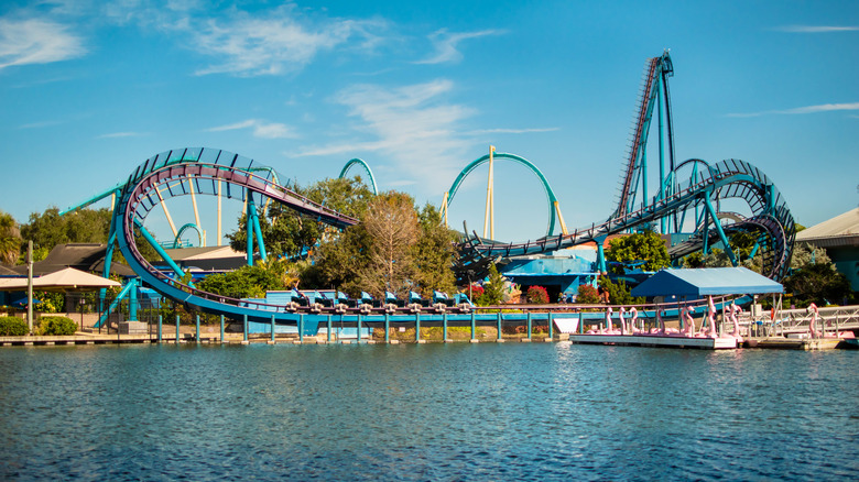 Roller coaster on a lake at SeaWorld in Orlando, FL.
