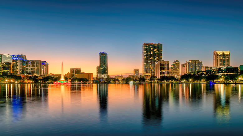 Orlando skyline from Lake Eola Park at night.