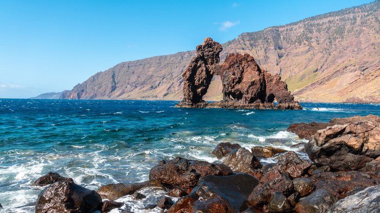 Dramatic rock formation in ocean off coast of El Hierro, Canary Islands