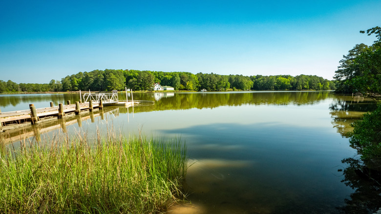 Still water, a pier, and a white house on the horizon in Belle Isle State Park in Lancaster County, Virginia