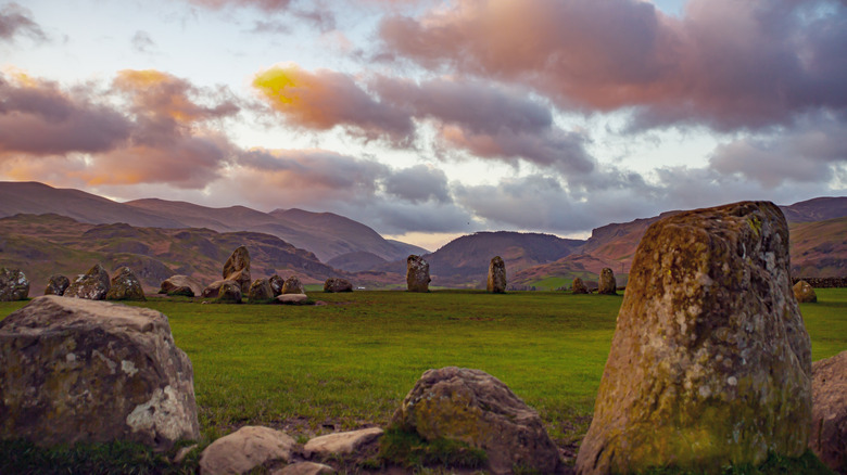 View from Castlerigg Stone Circle out to the mountains during sunset
