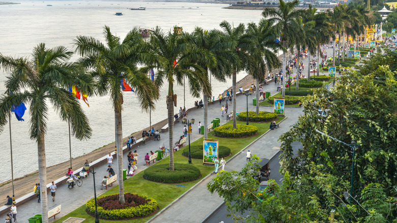 Paved beach boardwalk lined with palm trees, manicured shurbs, and people