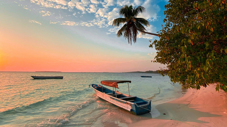 A boat on the shore of a beach located on the Kei Islands, Indonesia