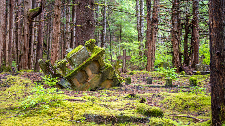 An overturned structure and cross in an abandoned cemetery in Anyox.