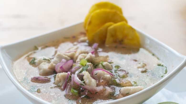 Traditional Ecuadorian fish ceviche served fresh in a bowl with plantain chips, onion and spices