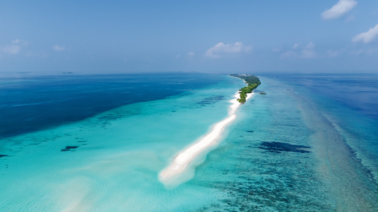 Drone shot of Dhigurah Island in the Maldives