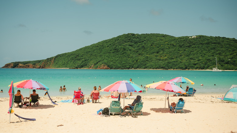 Colorful umbrellas on Flamenco Beach, Puerto Rico