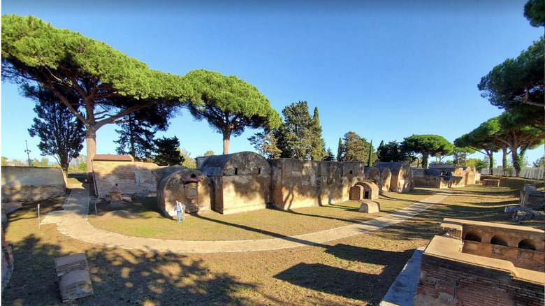 Ruins at the Necropolis of Portus with tombs and pathways in Fiumicino, Italy.
