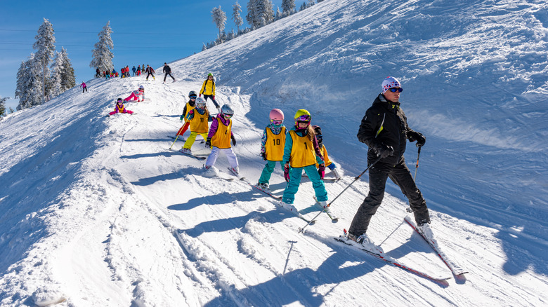 Group of children with a ski instructor on a slope