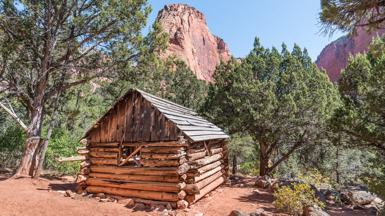 Abandoned log cabin along the Taylor Creek Trail in Zion National Park with distant canyon rocks