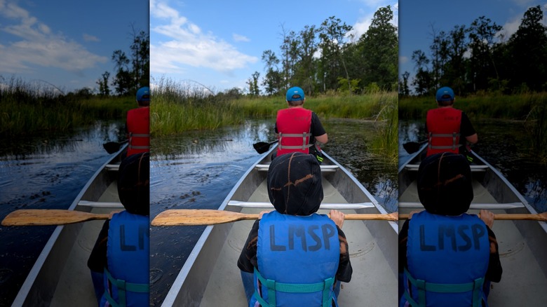 A photo from the back of a canoe with son in the foreground and a father at the front with wetland reeds and trees around them