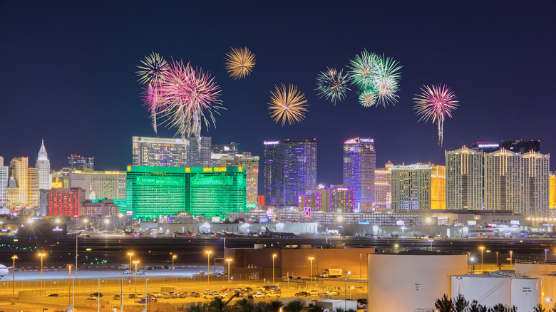 Fireworks exploding over The Vegas Strip