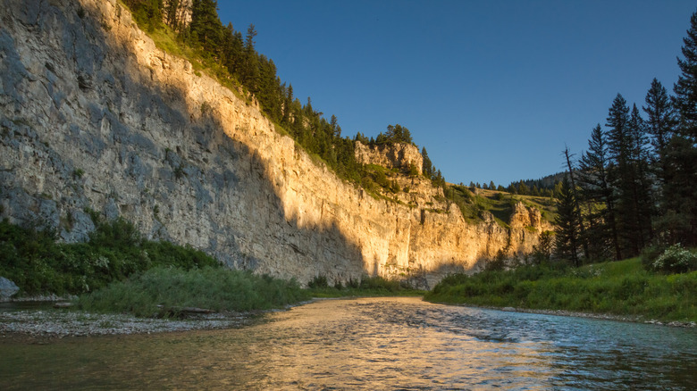 The sun illuminates a limestone cliff at Smith River State Park