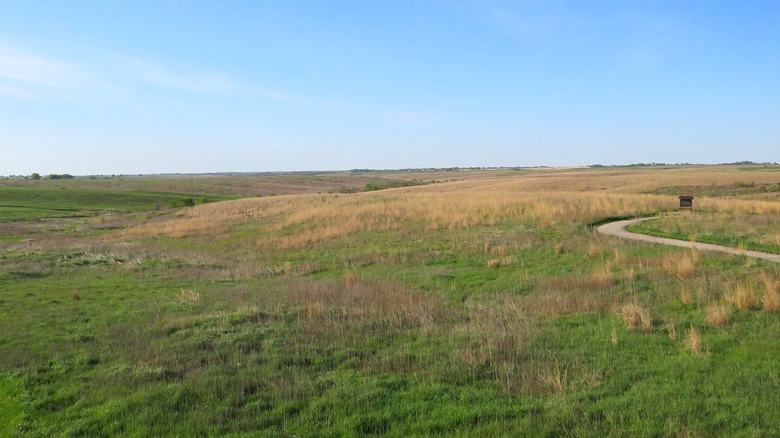 A scenic landscape with grass, rolling hills, and a paved trail on the right side with a small sign visible next to it.