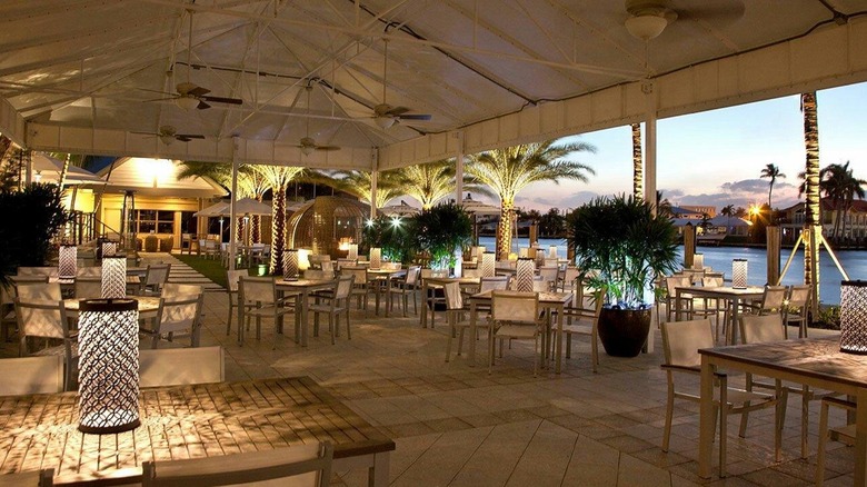 The patio view under the awning at Shooters Waterfront