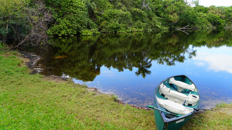 A kayak resting on the shore of a lake in Hugh Taylor Birch State Park