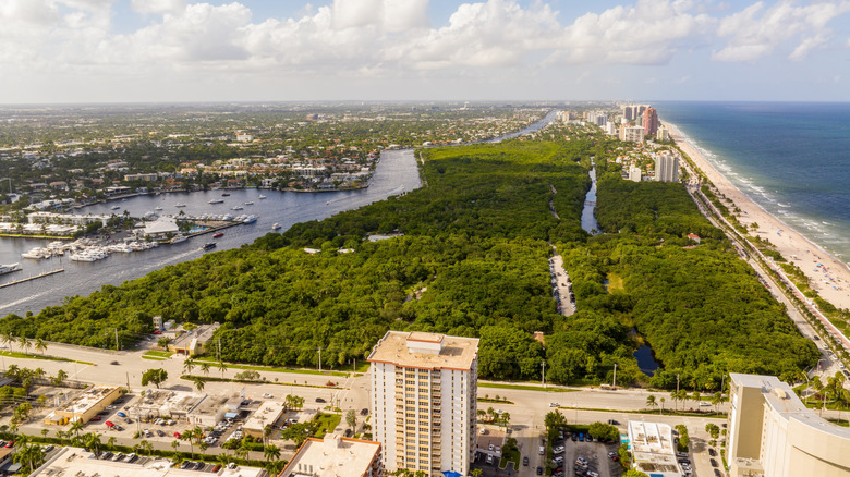 Aerial photo of Hugh Taylor Birch State Park in Fort Lauderdale with the coast and waterways on either side.