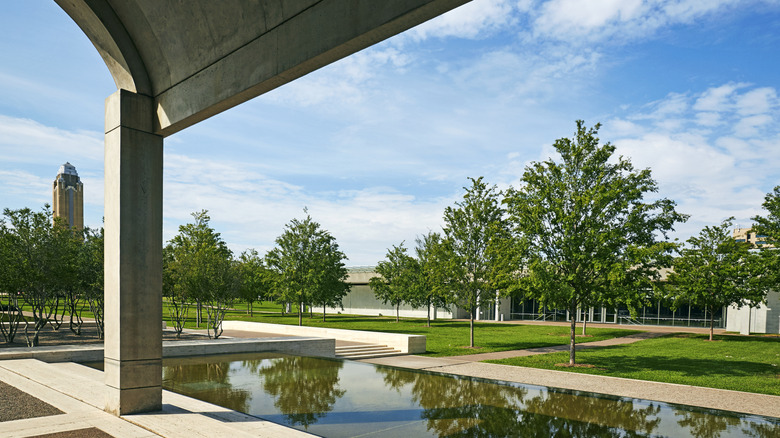 View of the gardens and modernist buildings at the Kimbell Museum