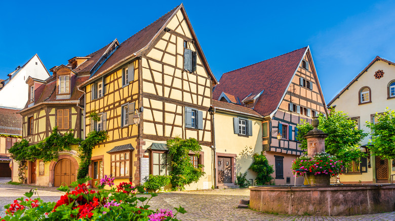 Colorful half-timbered houses in Riquewihr, France