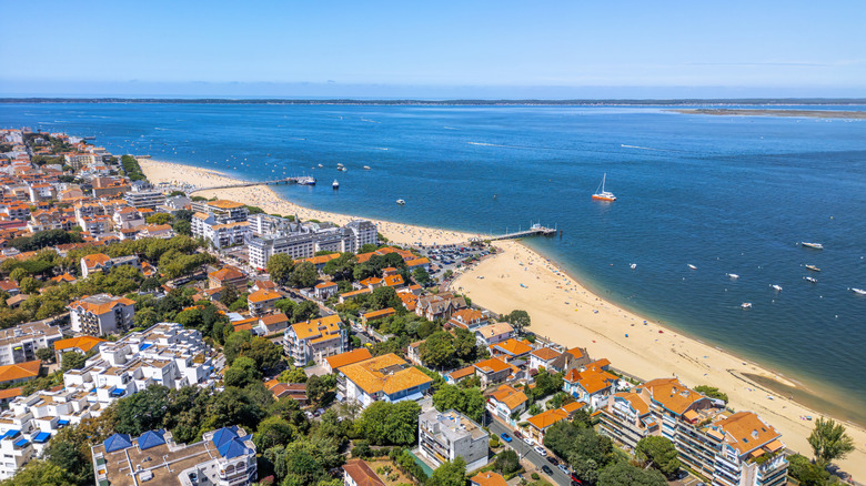 Aerial view of Arcachon, France overlooking Archachon Bay