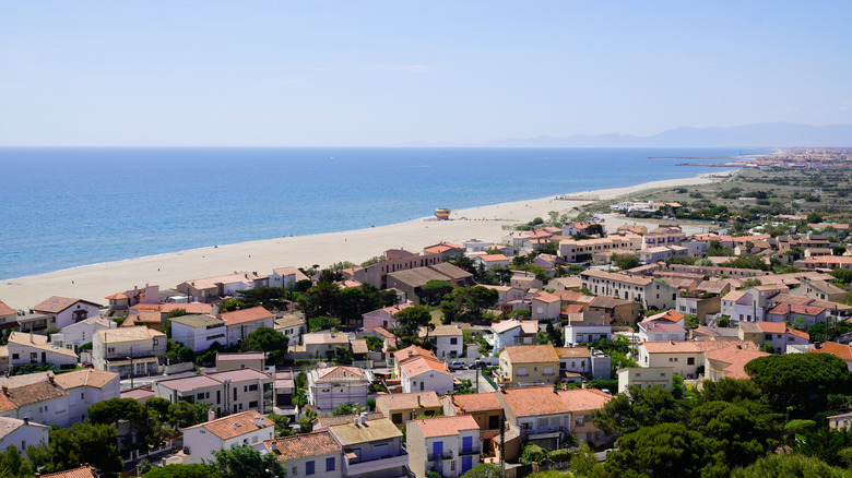 Aerial view of Leucate town and its beach.