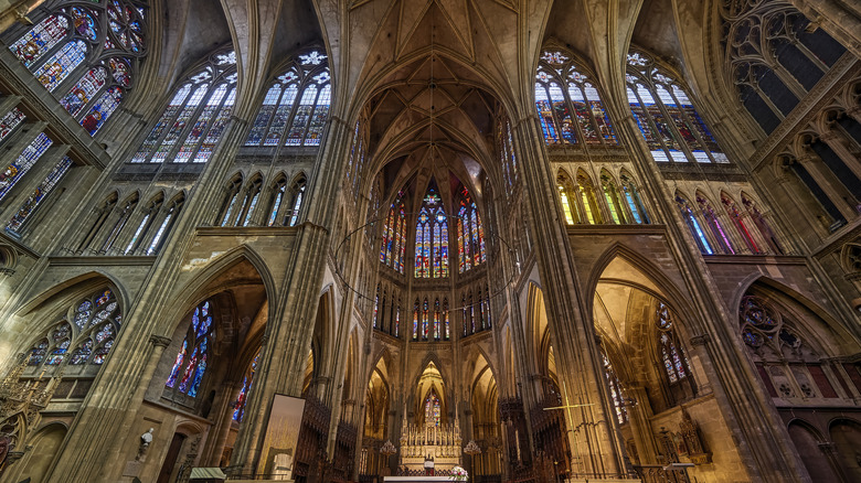 Rafters and stained glass windows in the Cathédrale St-Étienne in Metz, France