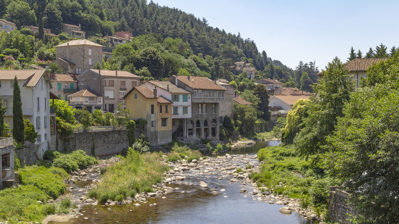 Picturesque village with colorful houses nestled by a rocky, tree-lined river, Vals-les-Bains