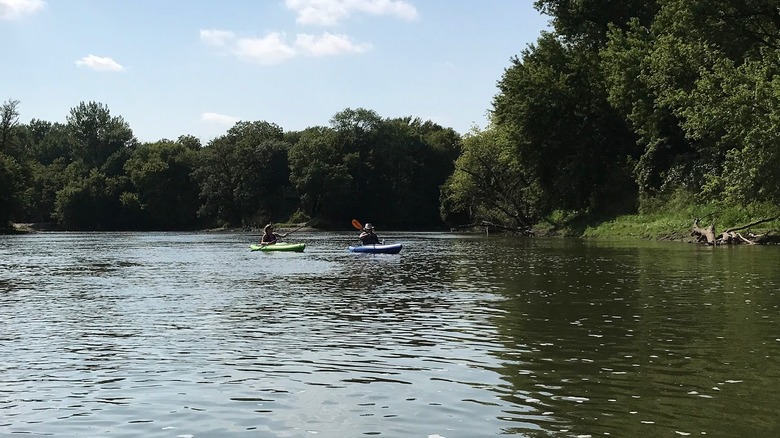 Two people kayaking the Des Moines River with lush trees on the bank