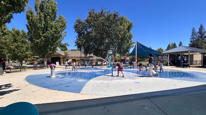 Park-goers cool off at Swanston Splash Park on a sunny day in Sacramento.