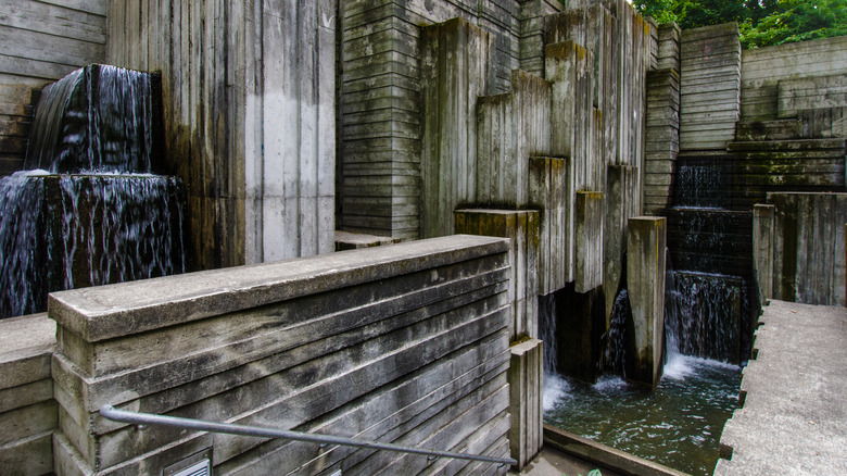 A fountain in the brutalist architecture style located inside Freeway Park in downtown Seattle, Washington