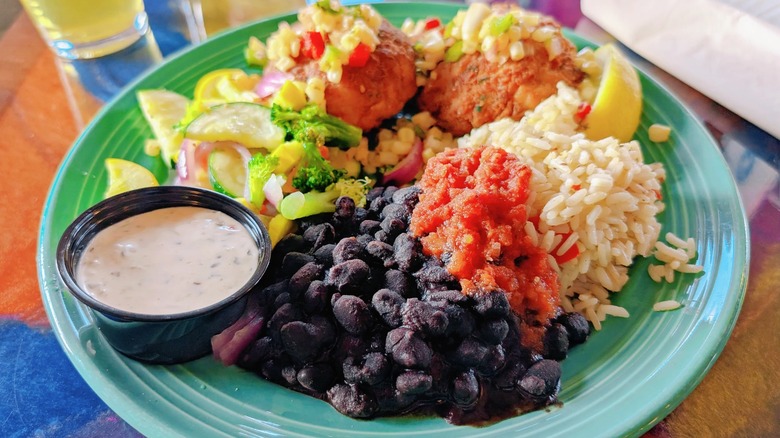 A colorful plate of Caribbean seafood at Goombay's Grille & Raw Bar in Kill Devil Hills, Outer Banks, North Carolina