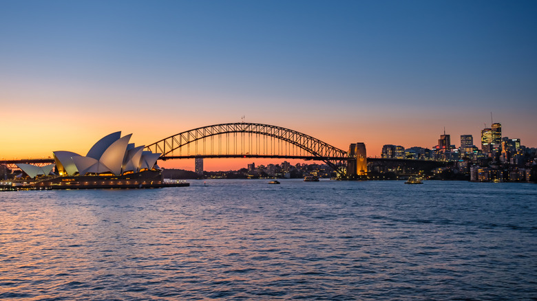 The Sydney Harbour Bridge and Opera House at sunset