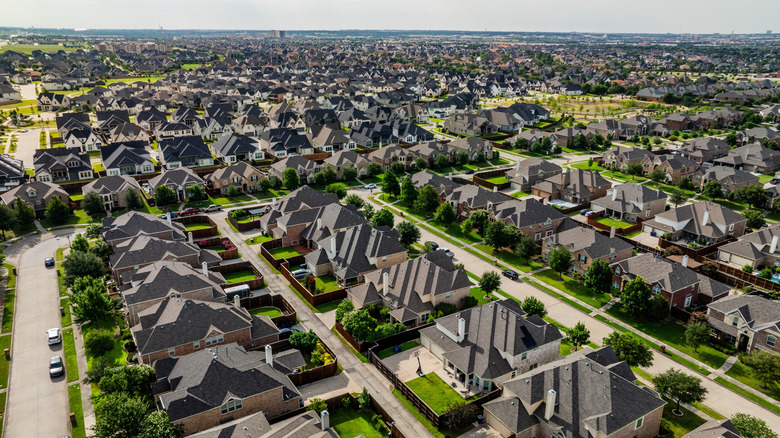 Blocks of suburban houses stand in ranks in Frisco, Texas