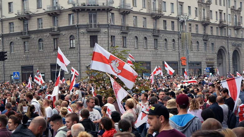 Belarussian people protesting in Minsk, the capital city of Belarus