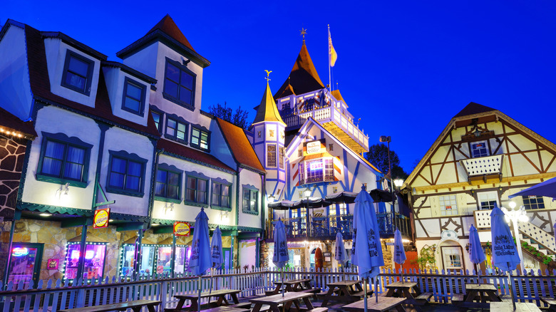 Lights illuminating shops in Helen, GA